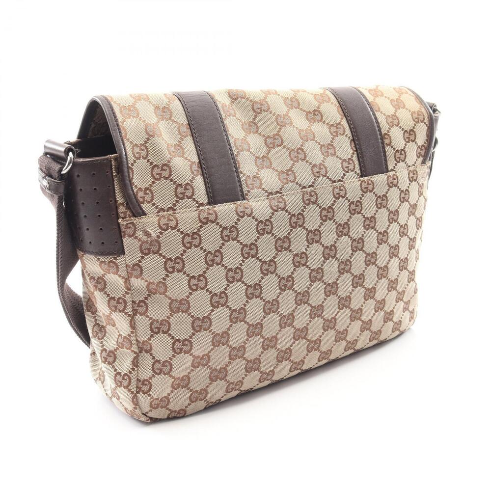 Gucci Shoulder Bag Beige Leather Brown GG Canvas Tan Brown